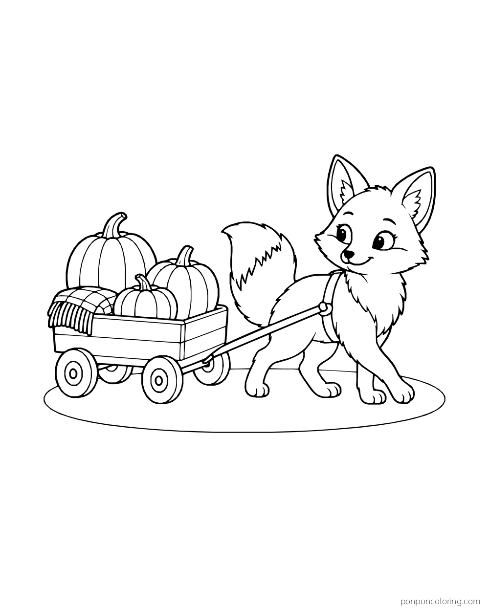 A fox pulls a little wagon filled with three pumpkins.