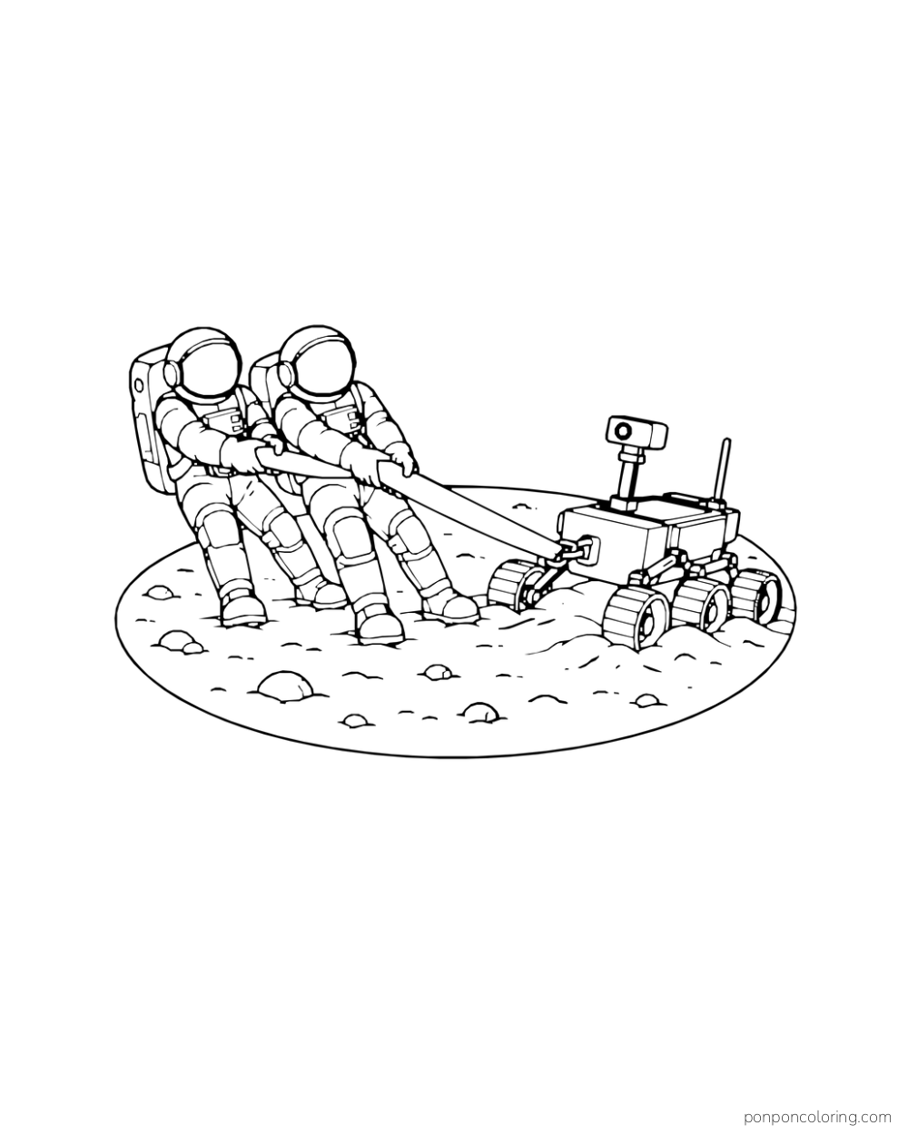 Two astronauts pull a rover with a strap across a rocky patch of ground.