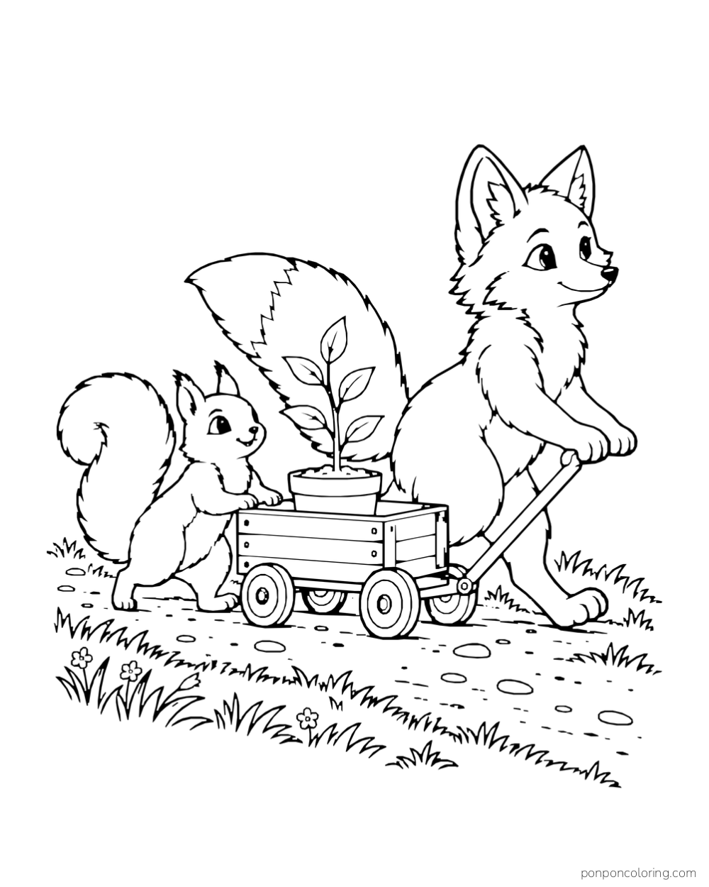 A fox and squirrel move a little cart carrying a potted sapling.