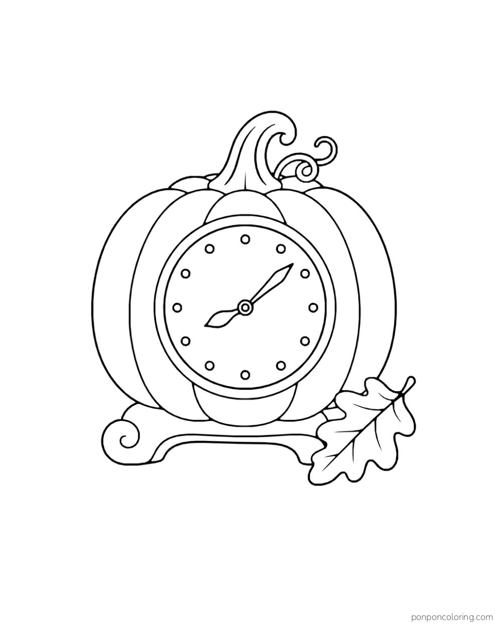 A pumpkin-shaped clock has dot hour markers, two hands, and a leaf beside its base.