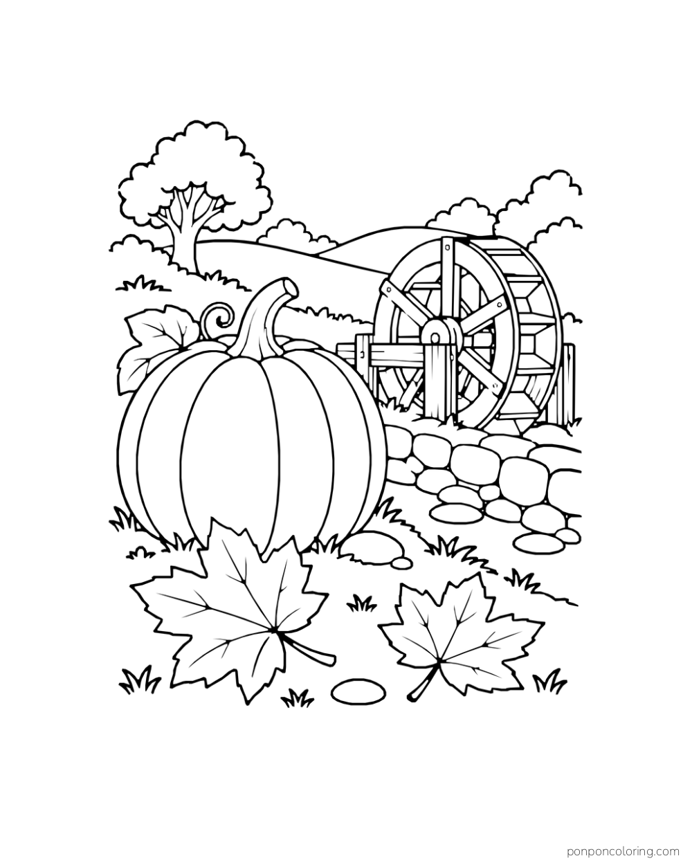 A large pumpkin and maple leaves sit beside a waterwheel and a stony stream.