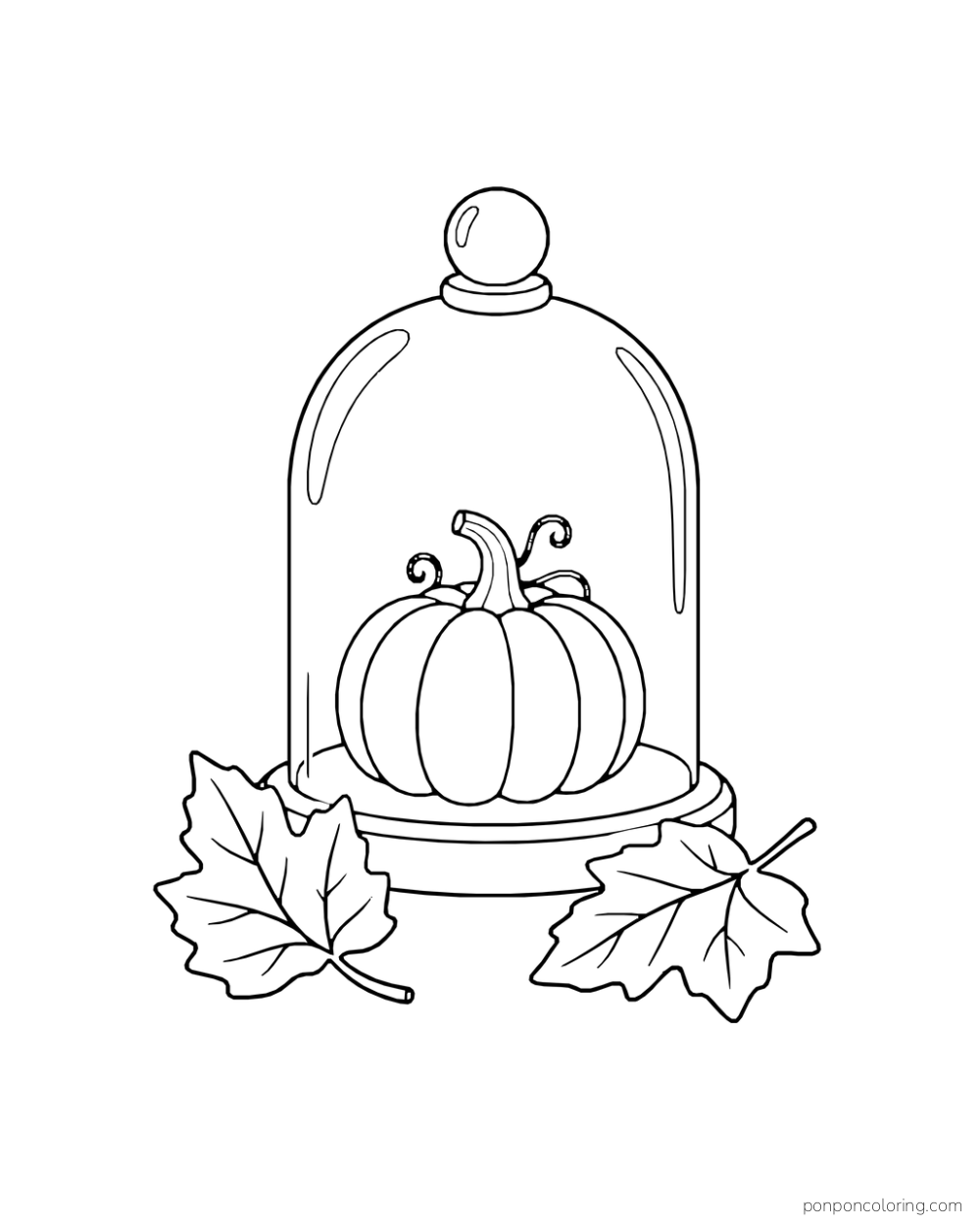 A small pumpkin sits under a glass cloche with two leaves beside the base.