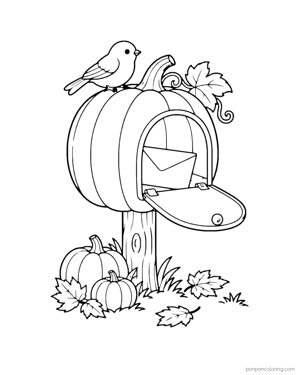 A bird perches on a pumpkin mailbox holding an envelope, with pumpkins and leaves below.