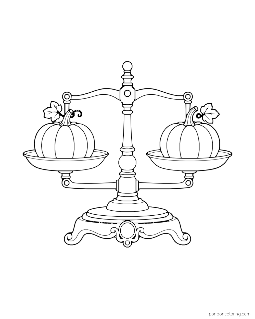 Two pumpkins balance on the pans of an ornamental tabletop scale.
