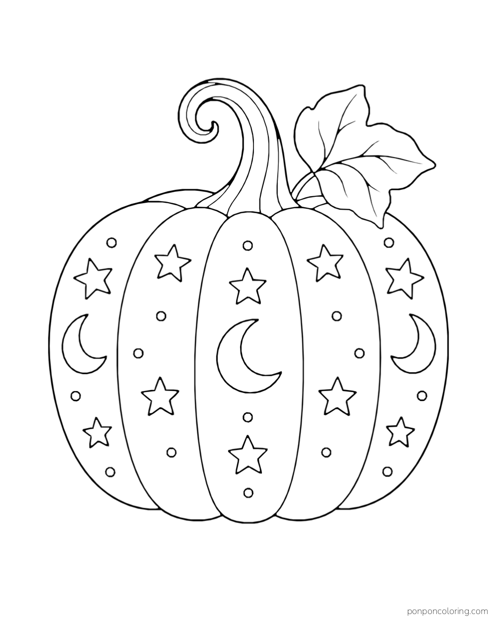 A pumpkin has curved panels decorated with outlined stars, crescents, and dots.
