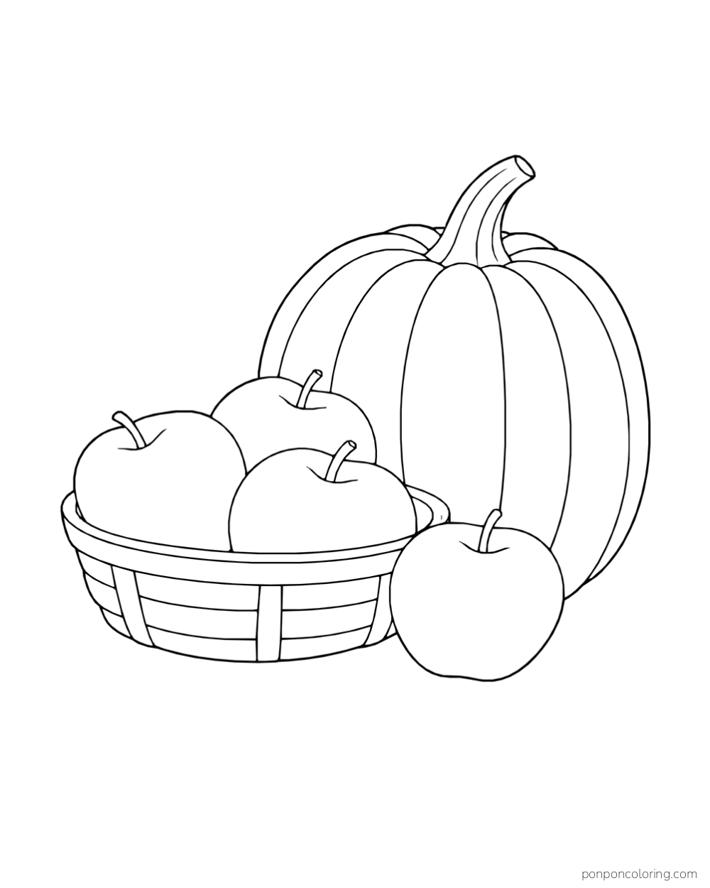 A tall pumpkin behind a low basket of apples, with another apple in front.