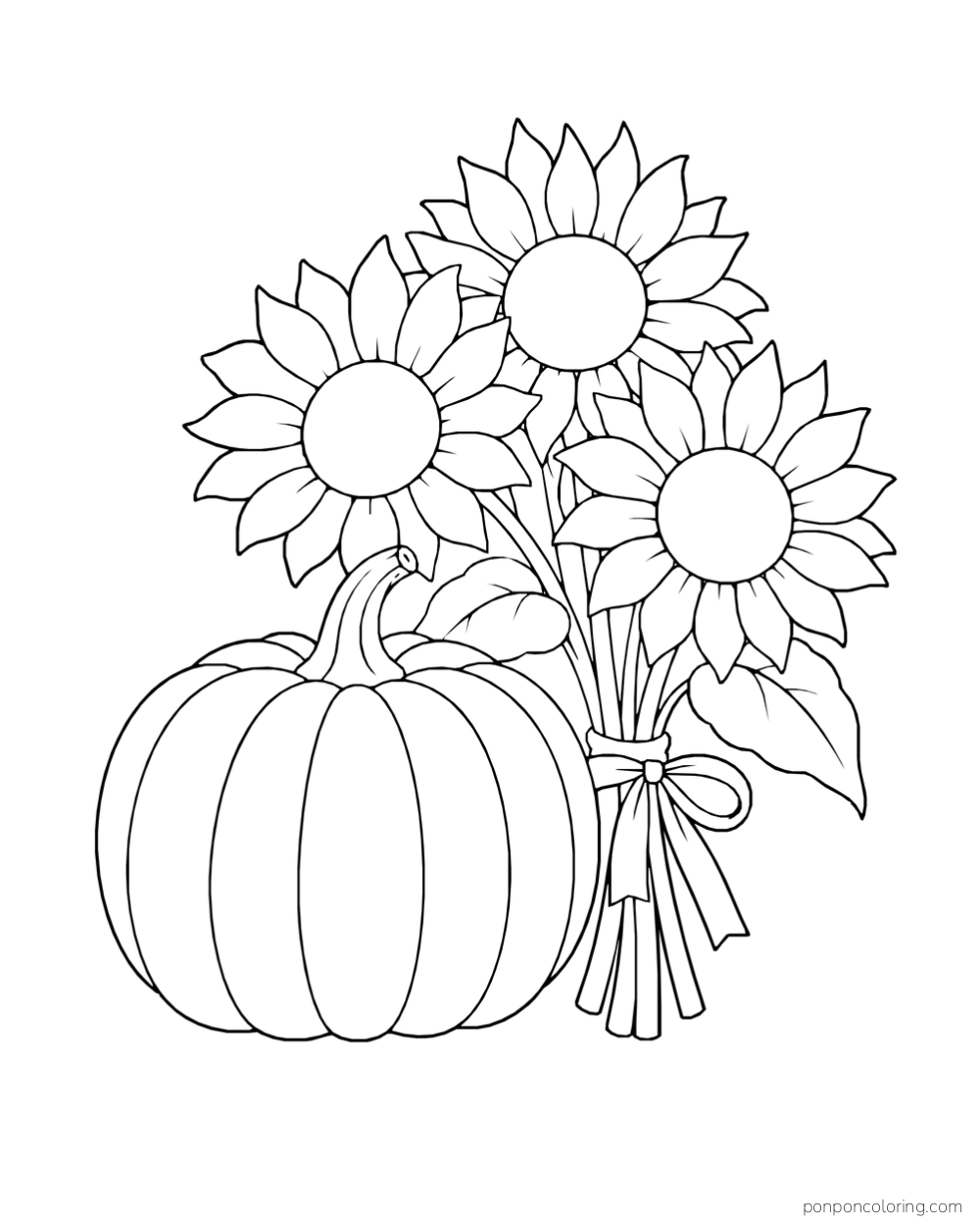 A pumpkin beside three sunflowers tied together with a ribbon.