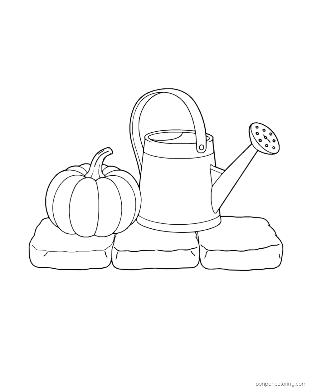 A pumpkin beside a watering can on three broad paving stones.