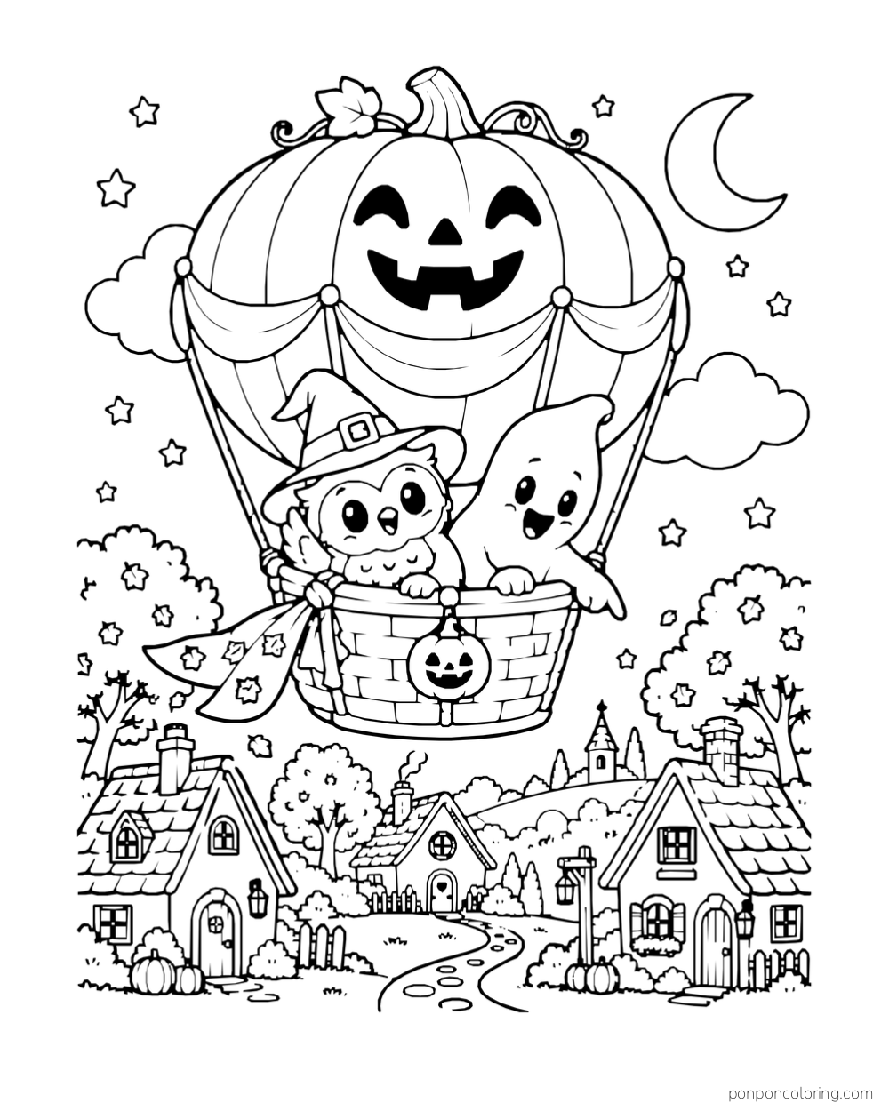A witch-hat owl and smiling ghost ride in the basket of a jack-o-lantern pumpkin balloon above three small village houses