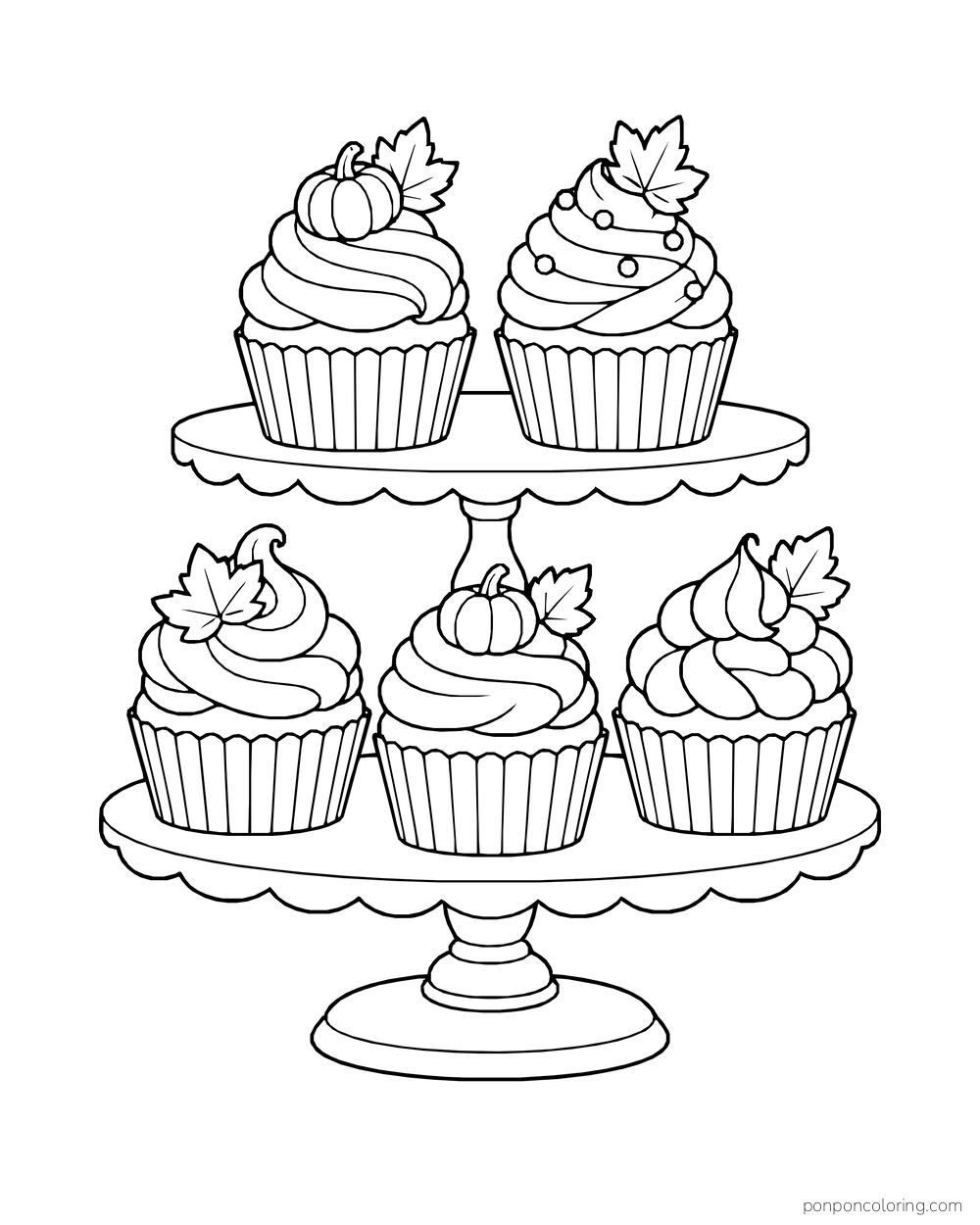 Five frosted cupcakes stand on two tiers with tiny pumpkin and leaf toppers.