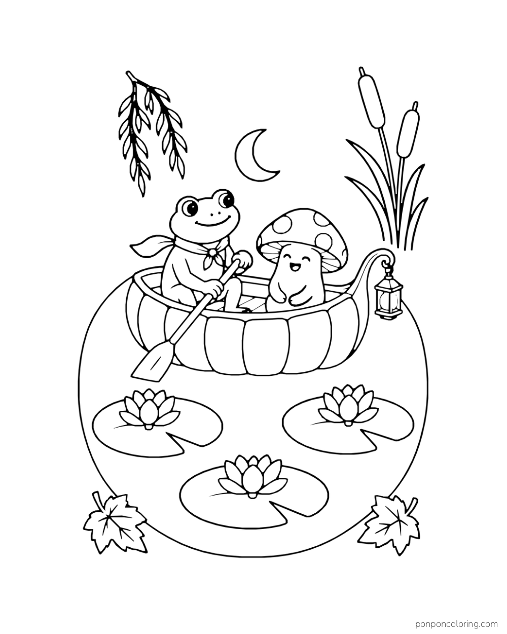 A frog ferries a smiling mushroom in a pumpkin rowboat across a calm oval pond with three lily pads.