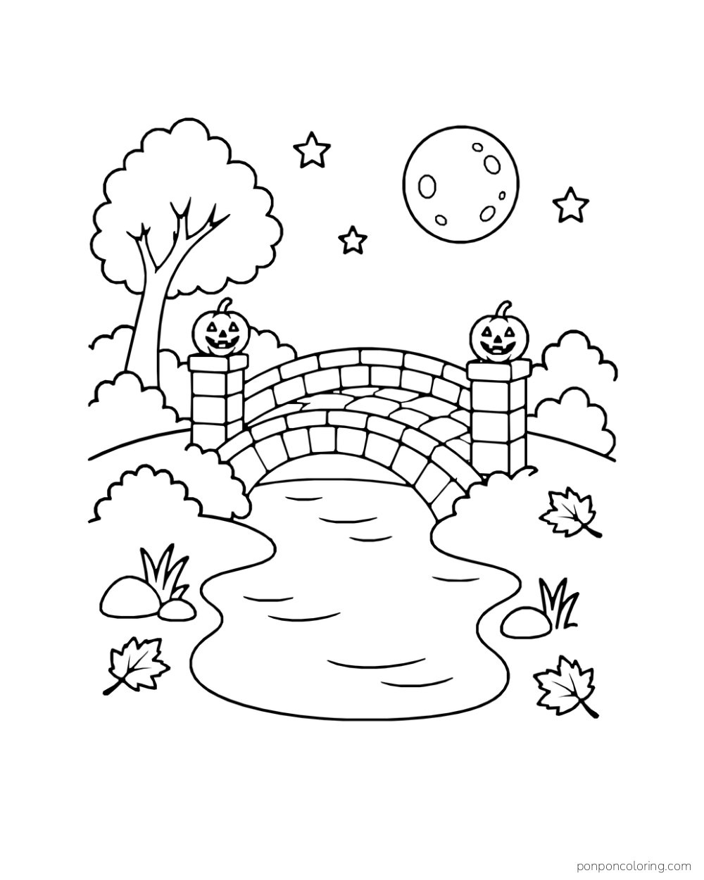 A quiet stone bridge with two pumpkin lanterns arches over a winding pond on a moonlit night.