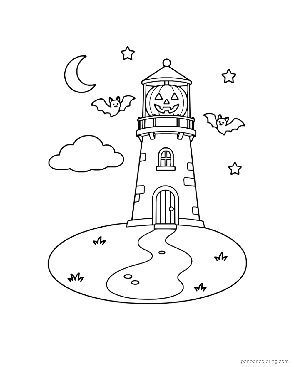 A quiet lighthouse with a jack-o-lantern beacon stands on a complete oval island and path beneath a moon and two bats.