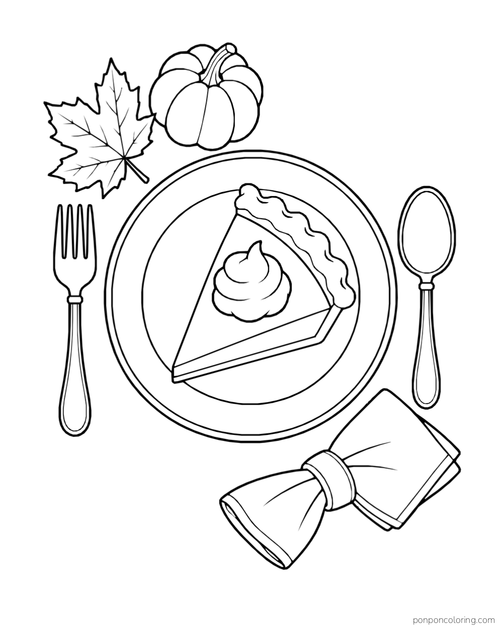 A slice of pumpkin pie on a round plate with a fork, spoon, folded napkin, pumpkin and autumn leaf.