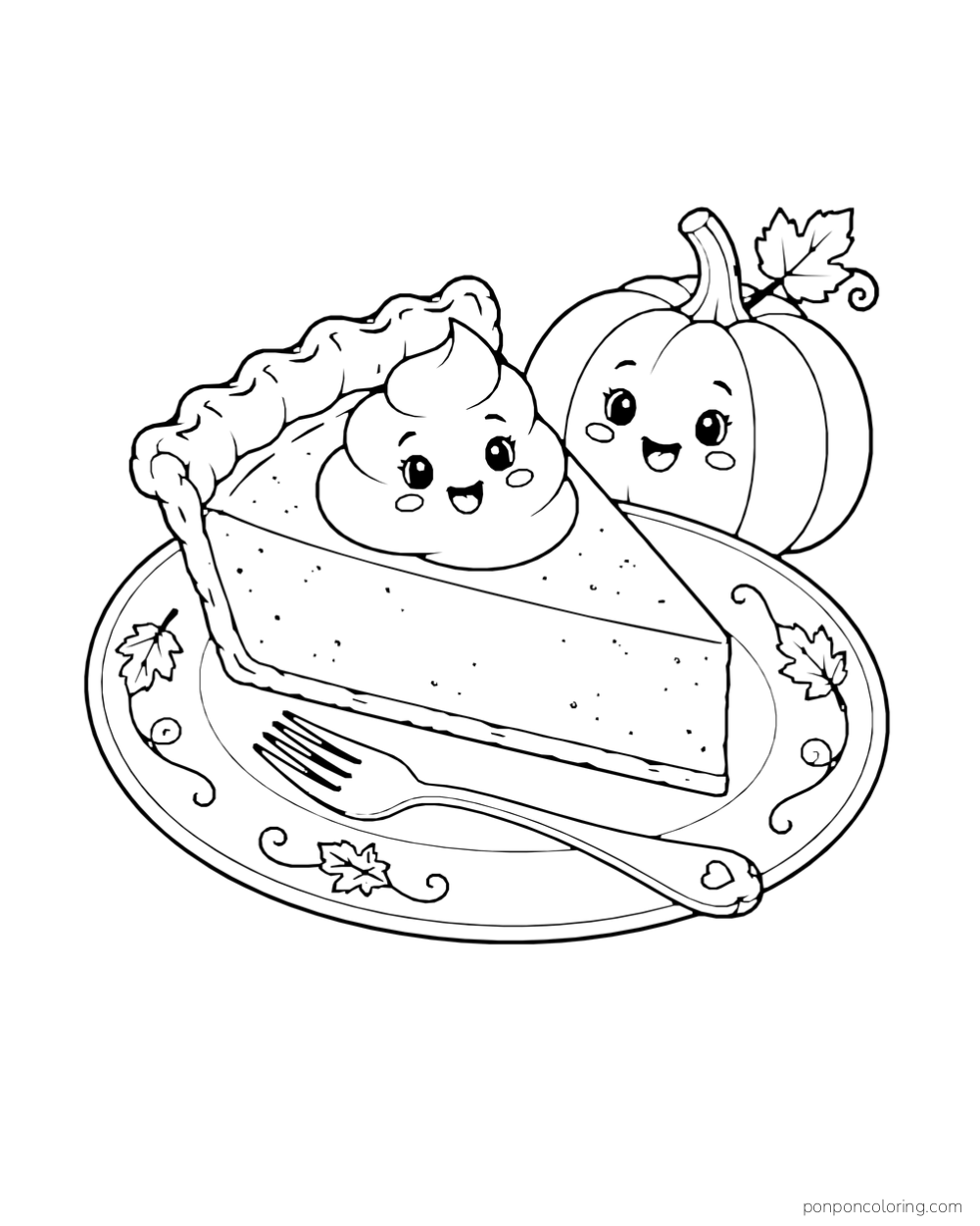A slice of pumpkin pie with smiling whipped cream sits on a plate beside a tiny pumpkin.
