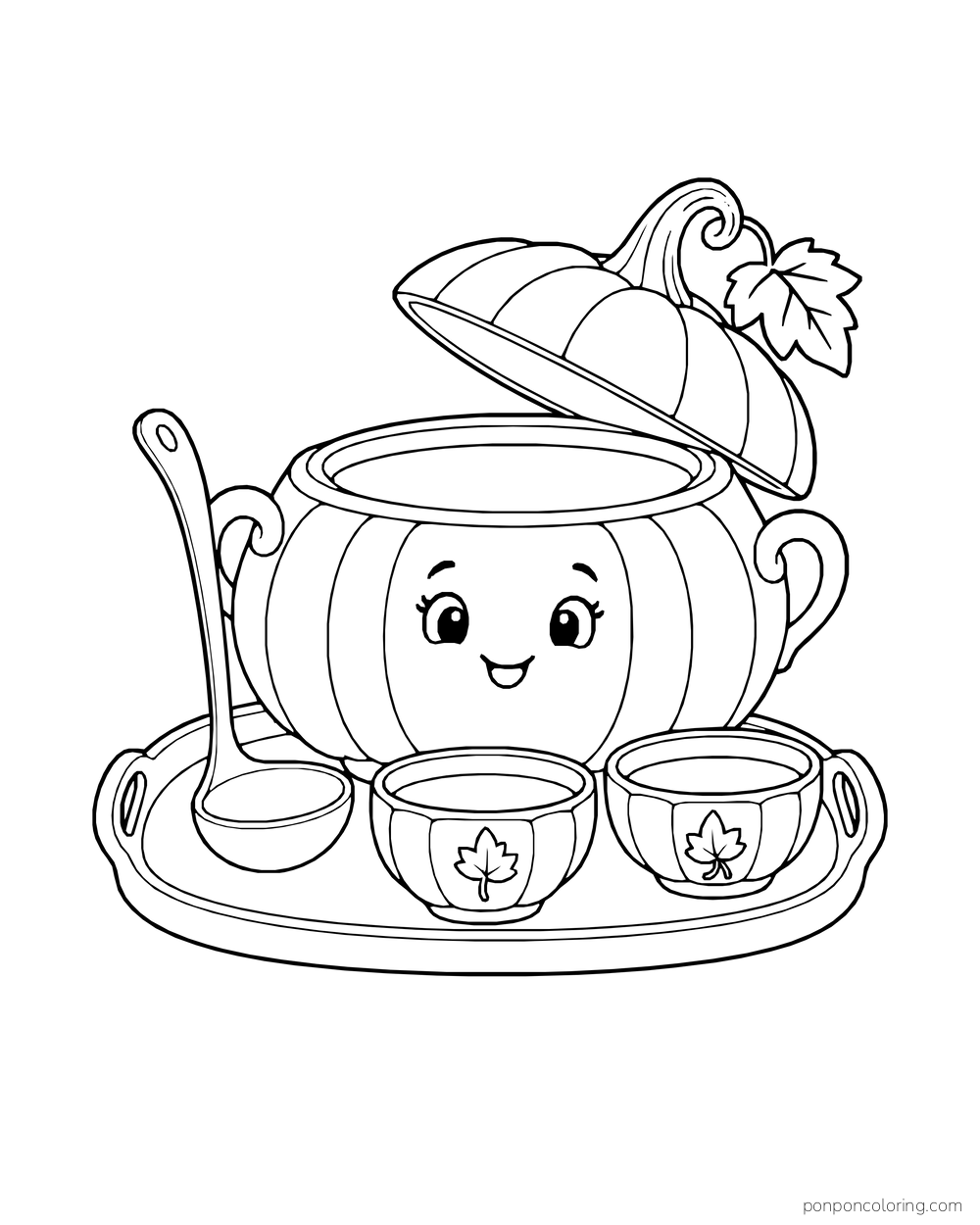 A smiling pumpkin-shaped tureen holds soup beside a ladle and two cups.