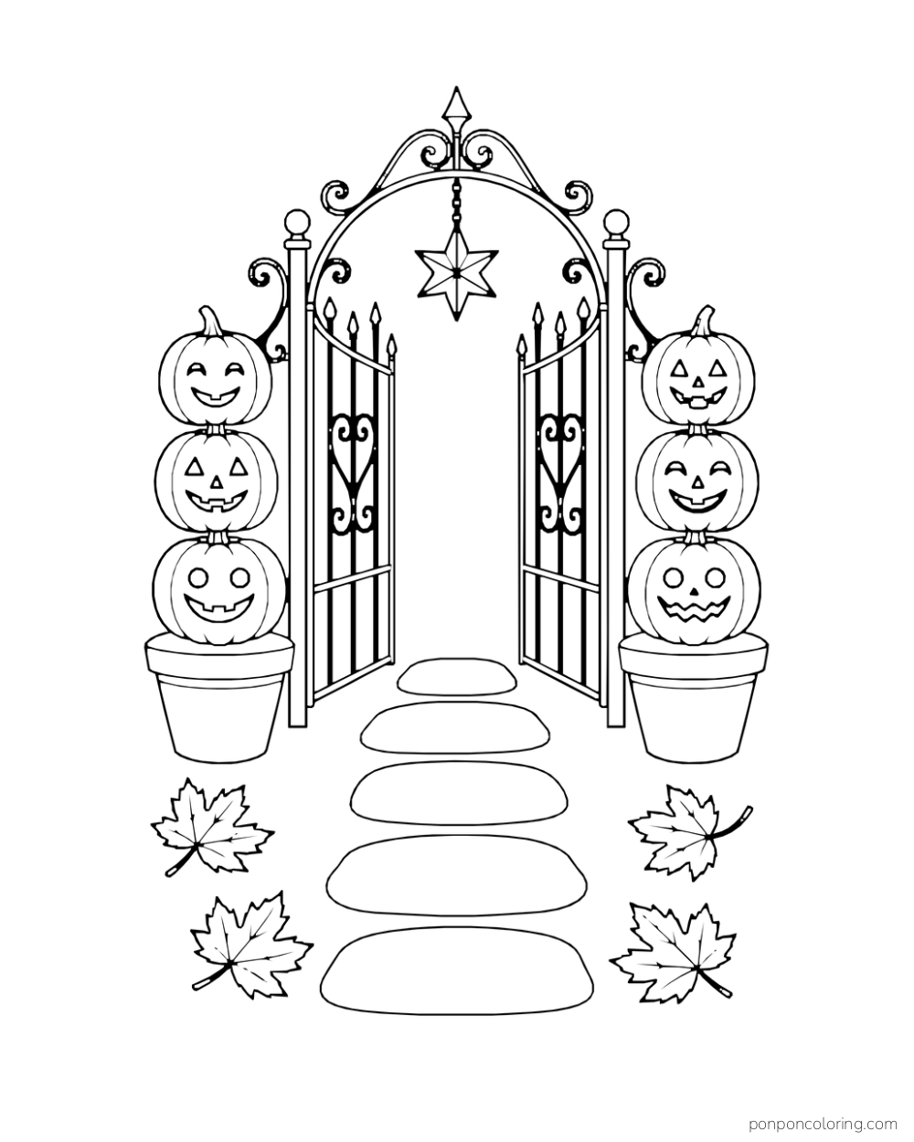 An open iron garden gate with a hanging star lantern is flanked by two potted stacks of carved pumpkins and five stepping stones.