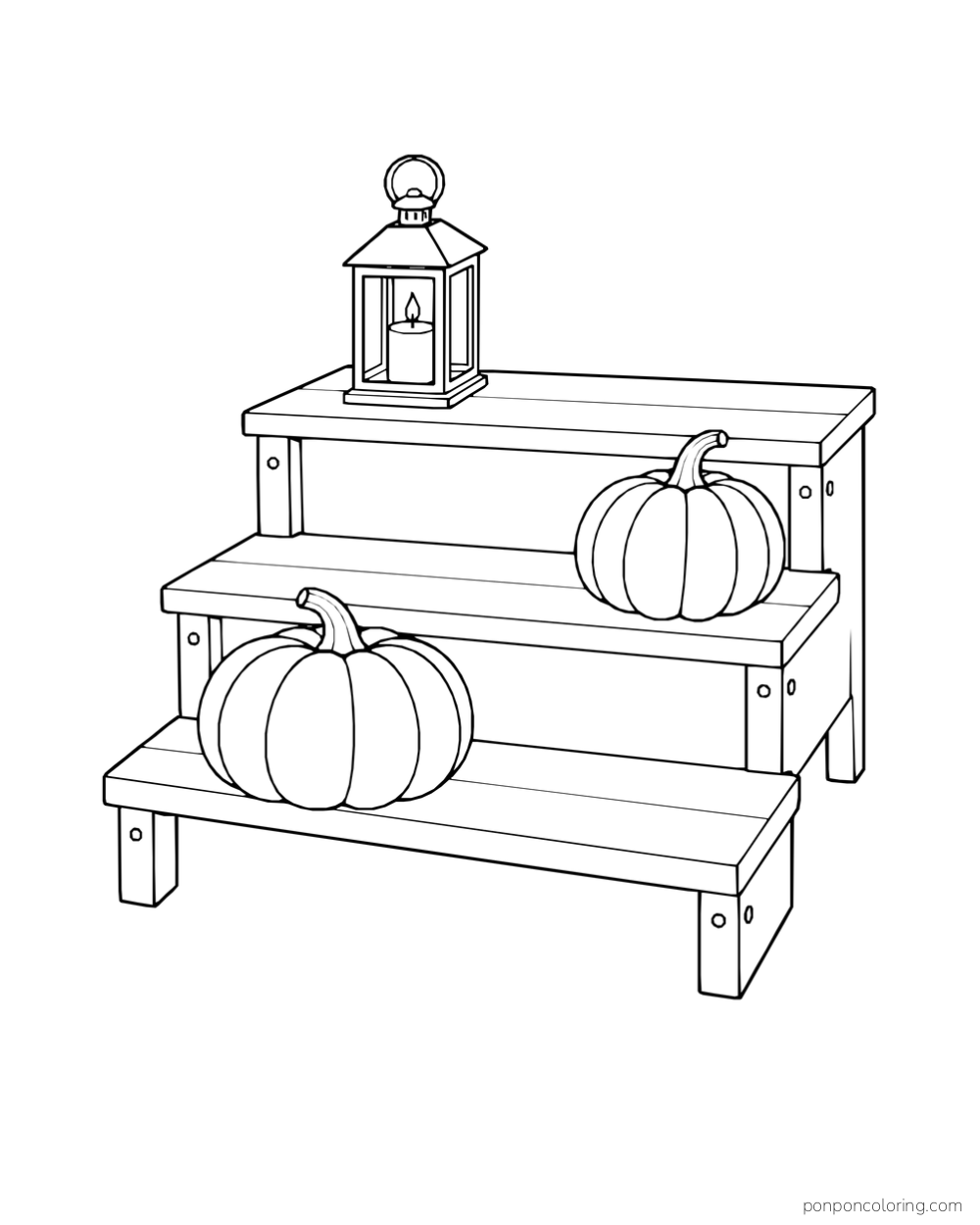 Two pumpkins on wooden steps with a candle lantern on the top step.