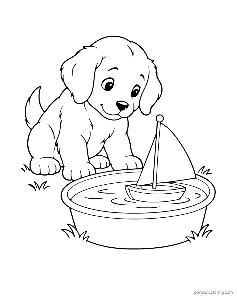 A puppy watches a toy sailboat in a shallow round basin.