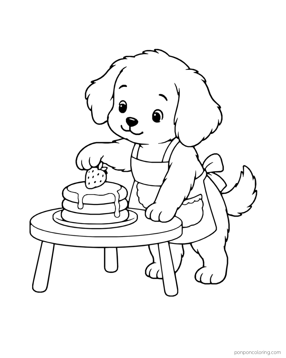 An apron-wearing puppy places a strawberry on pancakes at a small table.