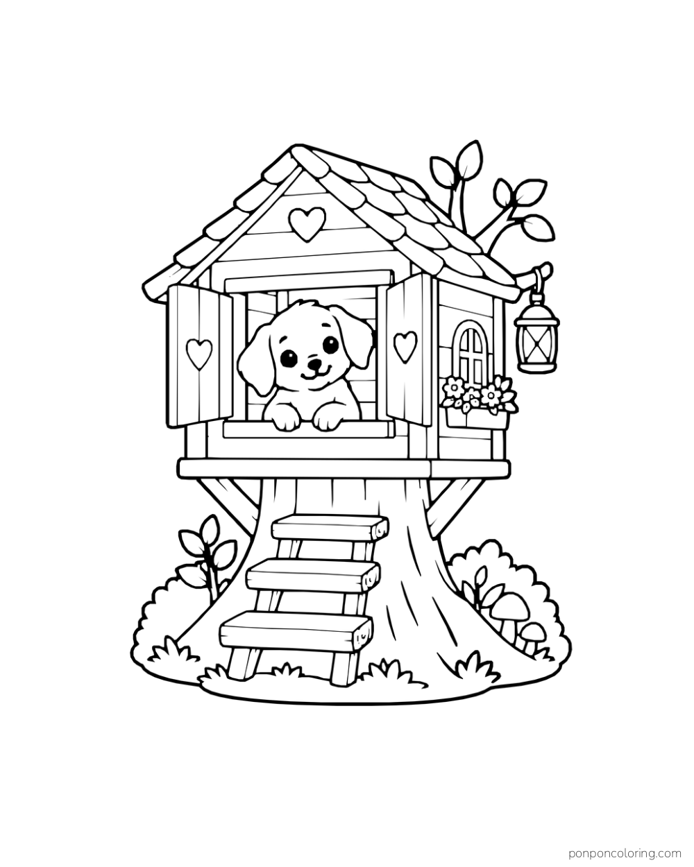 A puppy peeks through a treehouse window above wooden steps.