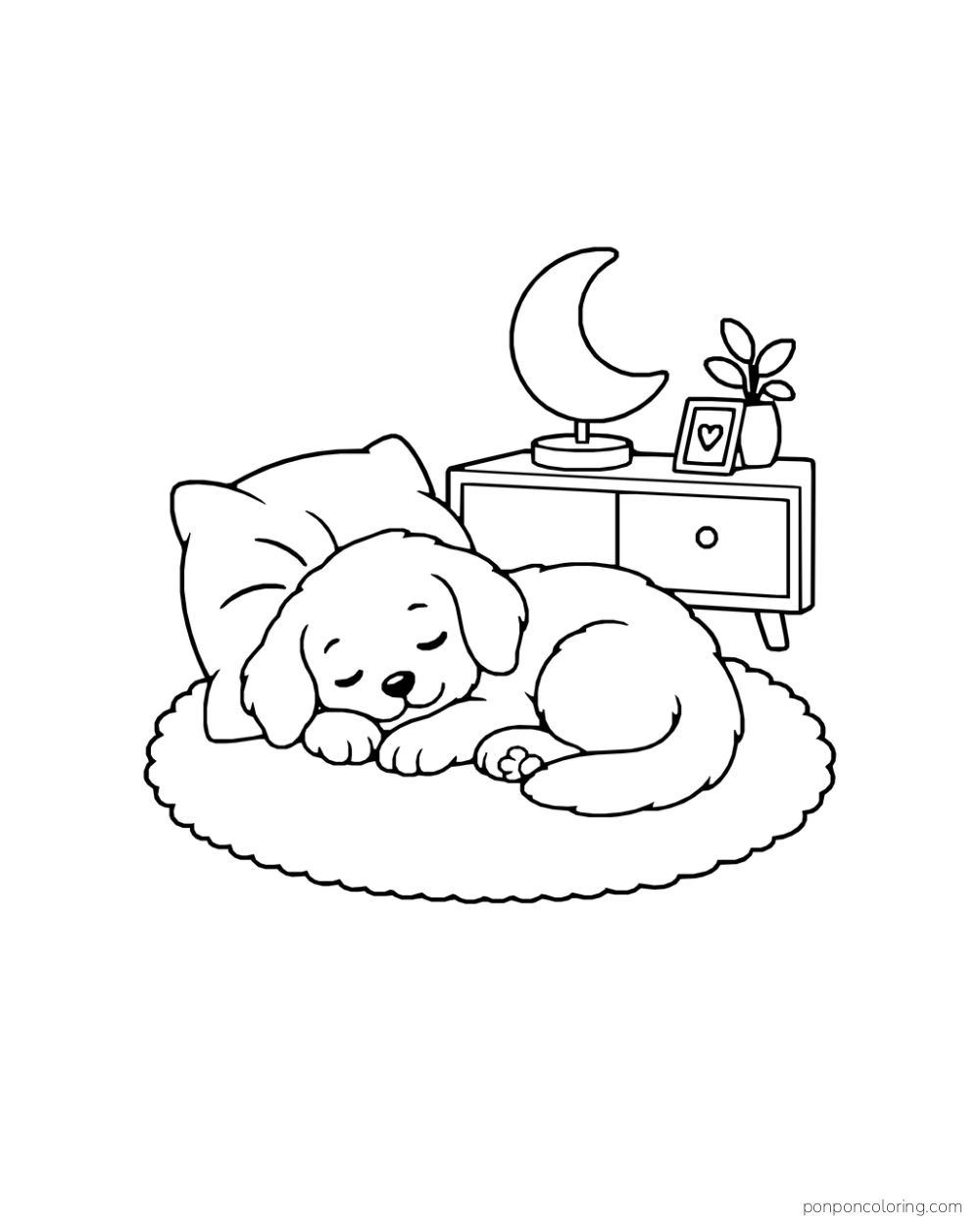 A puppy sleeps on an oval rug beside a pillow and a cabinet with a crescent lamp.
