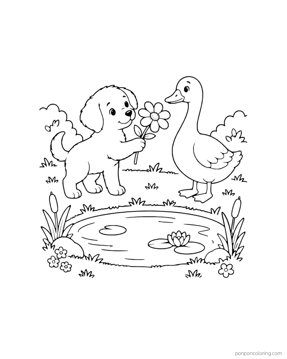 A puppy offers a flower to a goose beside a pond.