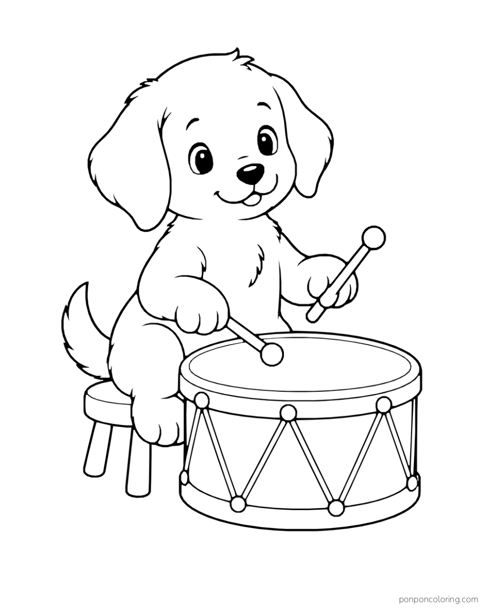 A puppy sits on a stool and plays a drum with two drumsticks.
