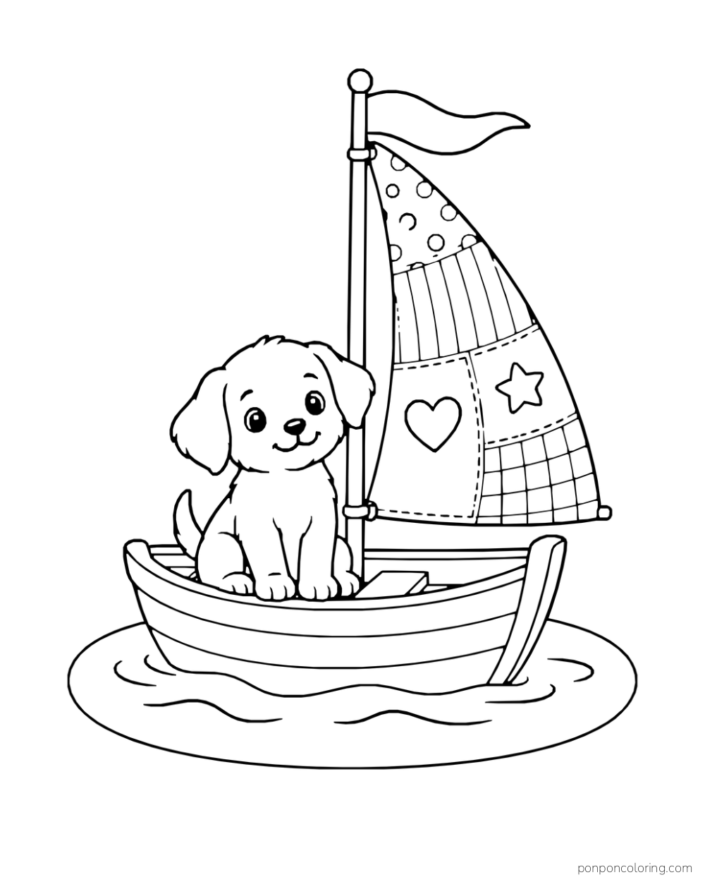 A puppy sits in a small boat with a patterned sail and a paddle.