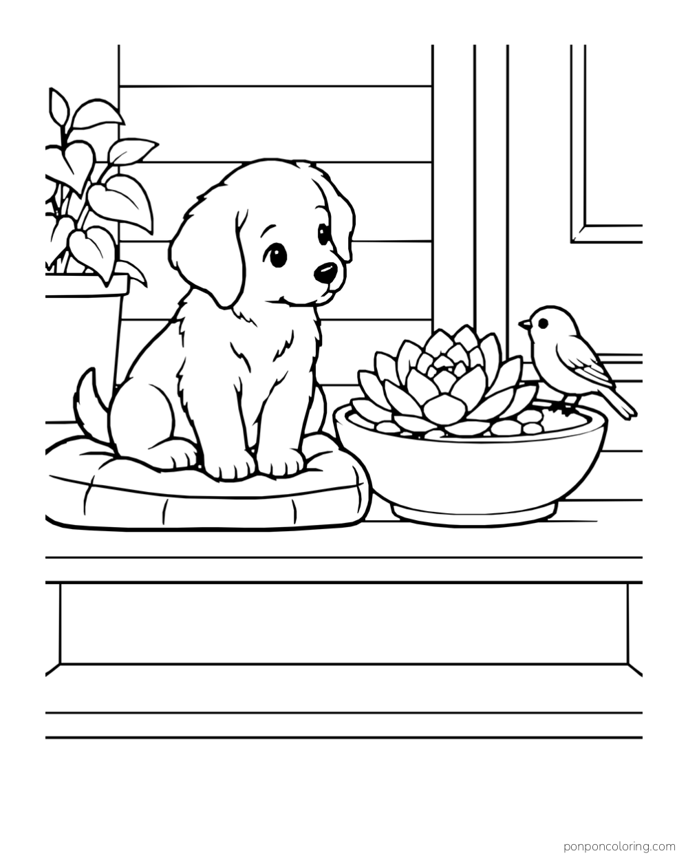 Puppy on a cushion beside a bird and a shallow bowl of layered succulent leaves.