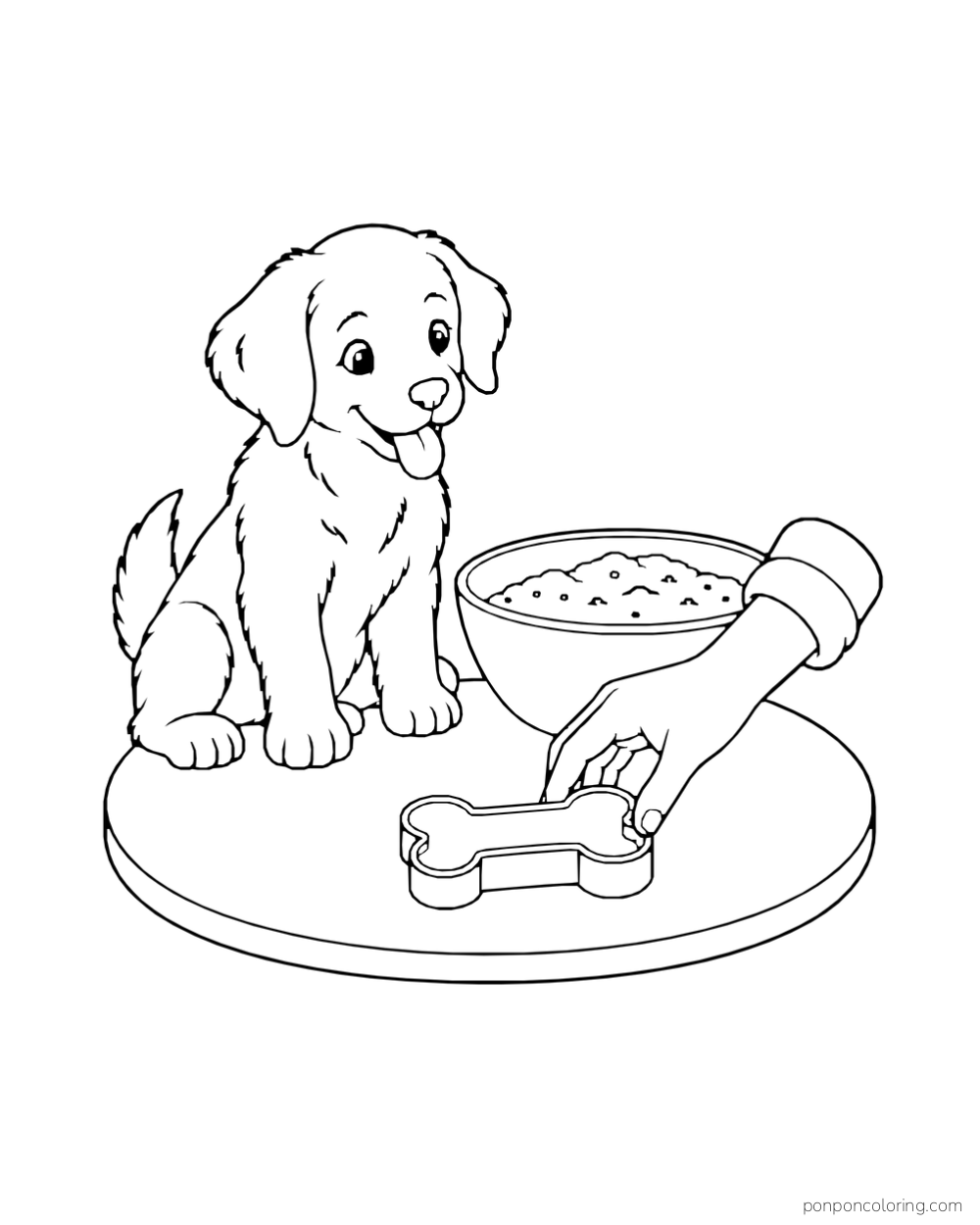 A puppy watches a hand press a bone-shaped cutter beside a bowl of dough.