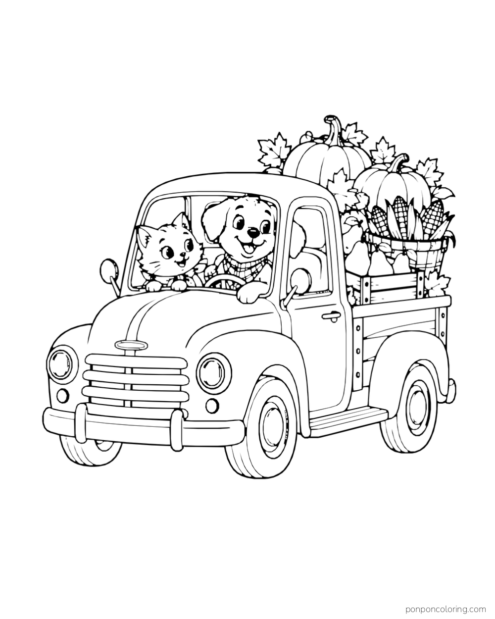A puppy and kitten ride in a small pickup loaded with pumpkins and corn.