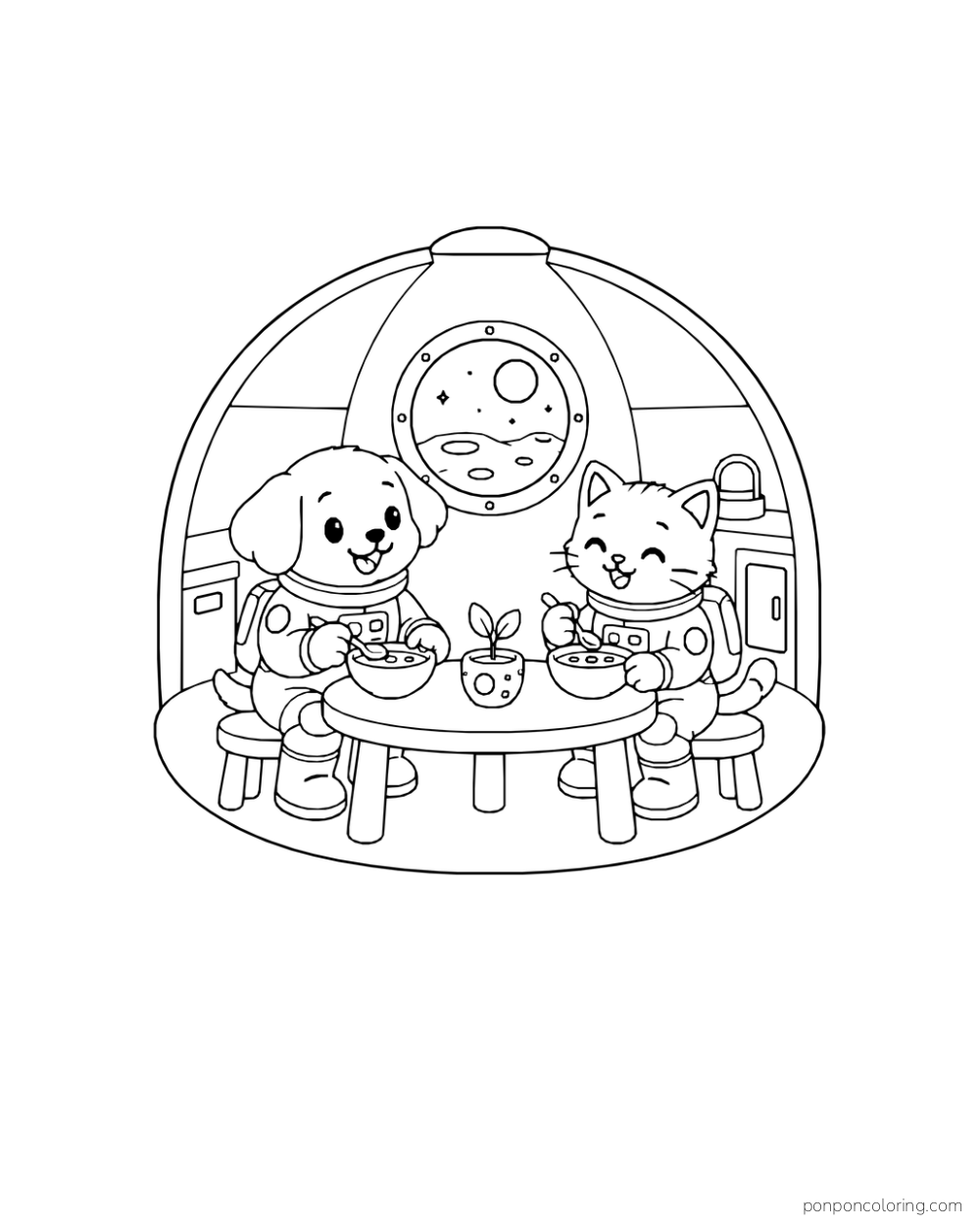 A puppy and kitten in spacesuits sharing soup at a round table with a potted sprout inside a small dome.