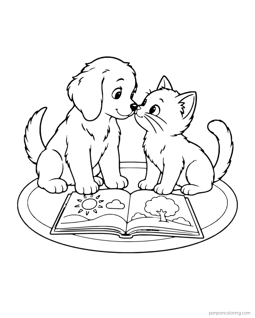 A puppy and kitten facing each other over an open picture book on a round rug.