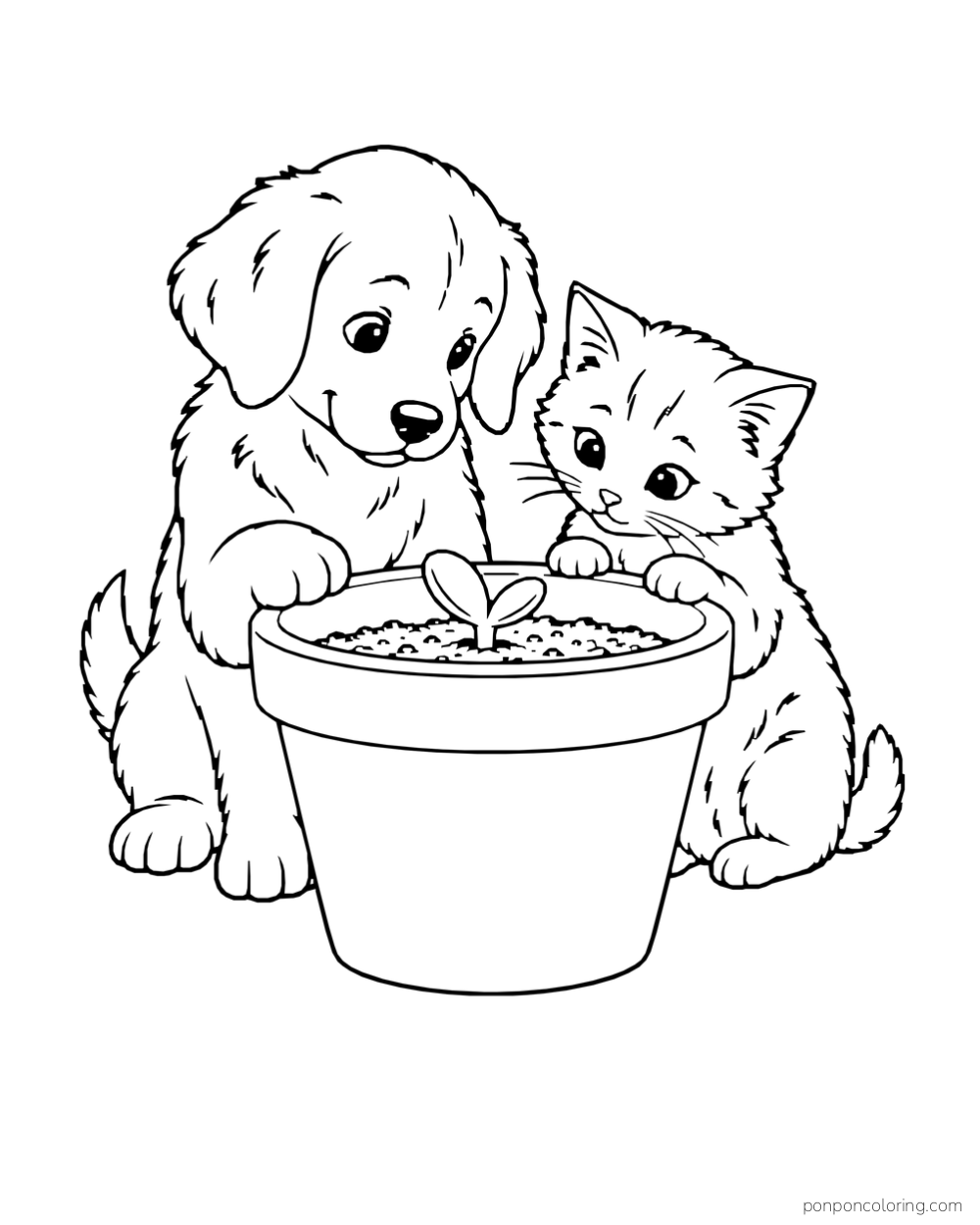 Puppy and kitten looking at a tiny thick-leaved succulent sprout in a large plain pot.