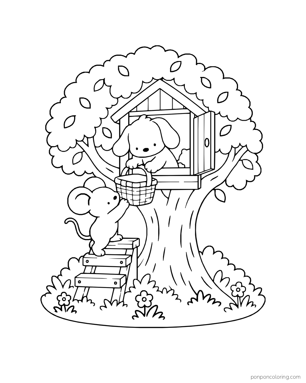 A puppy at a treehouse hatch taking a picnic basket from a mouse on a short stair.