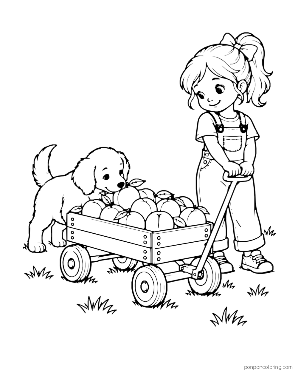 Child pulling a little wagon of peaches while a puppy sniffs the fruit.