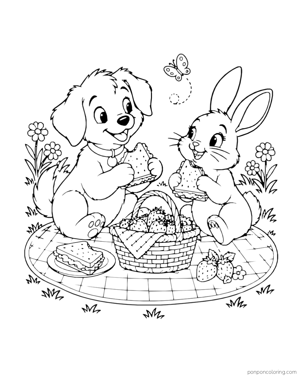 A puppy and rabbit share sandwiches on a round picnic blanket with a basket of strawberries.