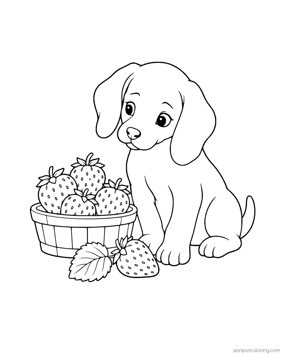 A floppy-eared puppy sits beside a berry basket, a loose strawberry and one leaf.