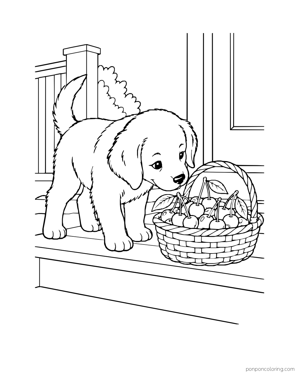 A puppy sniffs a wicker cherry basket set on a porch step.
