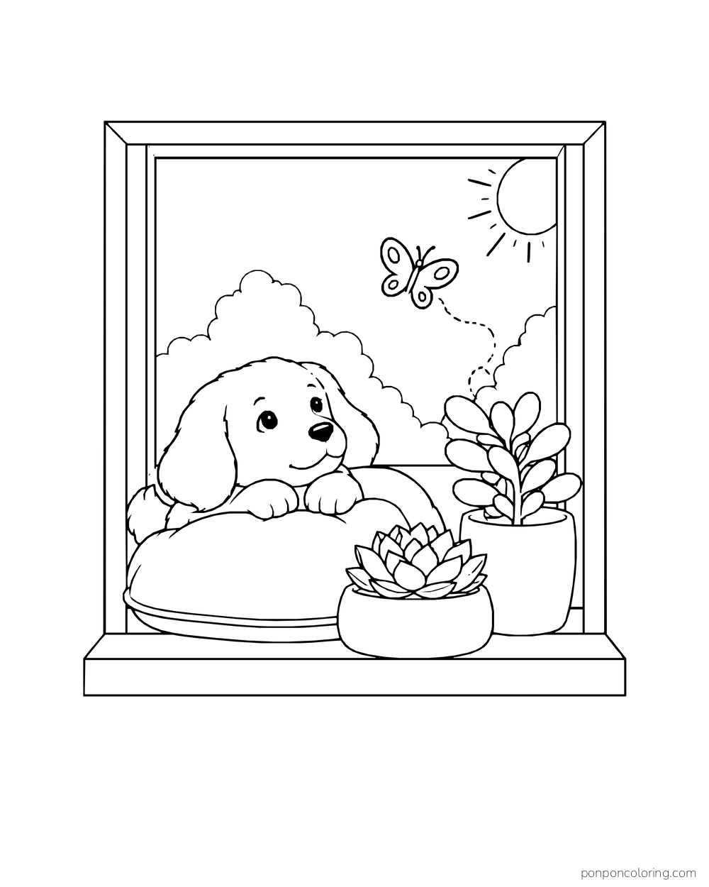 A puppy resting on a cushion beside two potted succulents, with a butterfly outside the window.