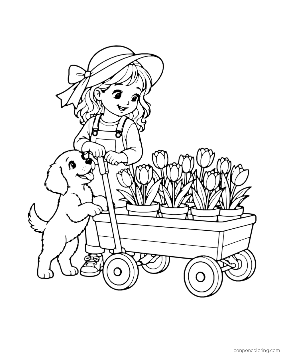 A puppy beside a child pulling a wagon of potted tulips.