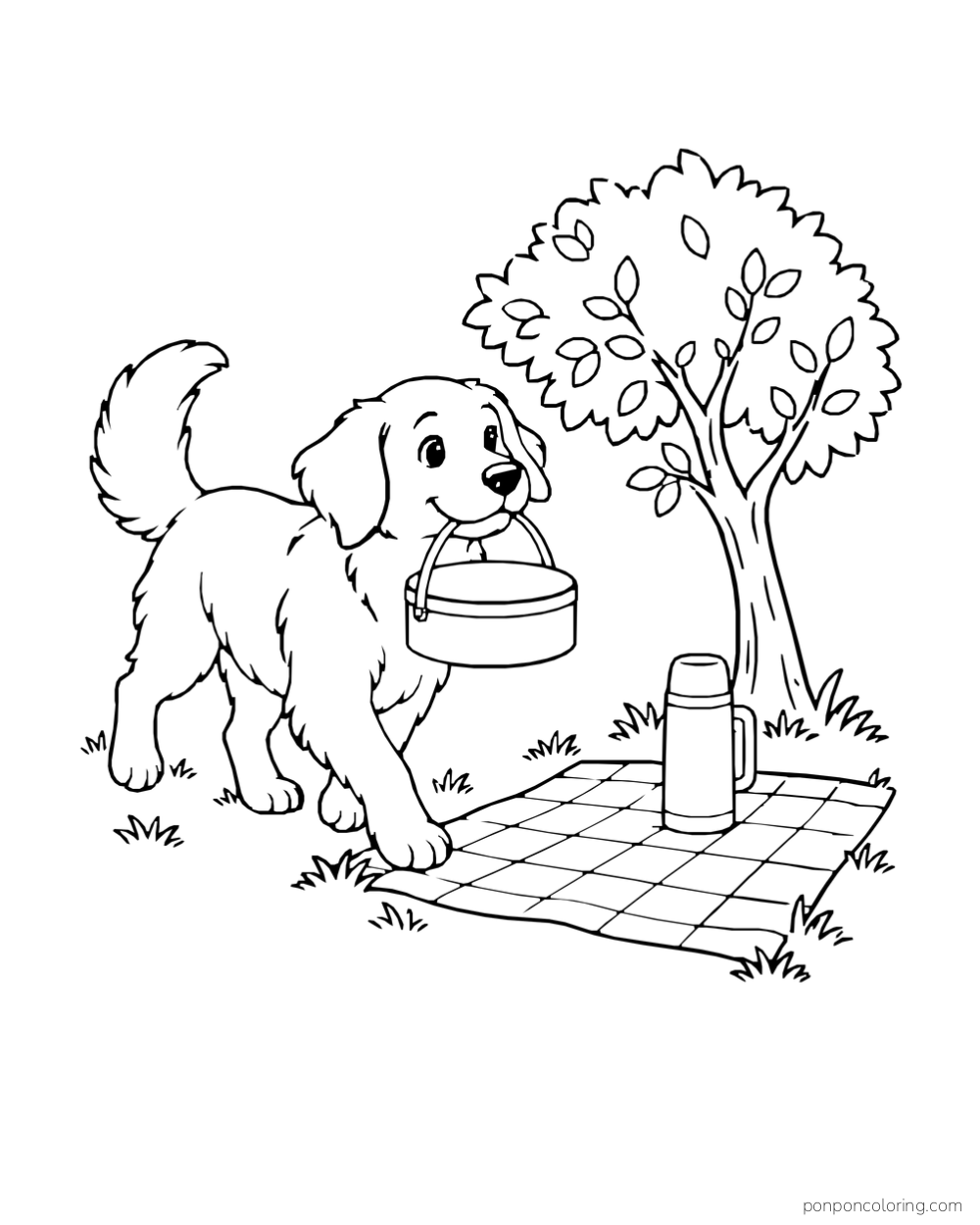 A puppy carries a small tin toward a picnic blanket beneath a tree.