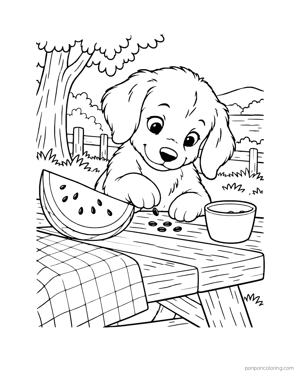 A puppy sorting watermelon seeds at a picnic table with a wedge and a cup.