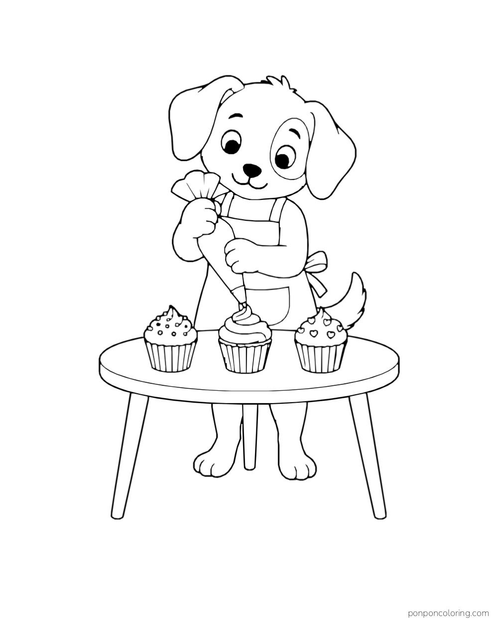 A puppy in an apron pipes icing onto three cupcakes at a round table.
