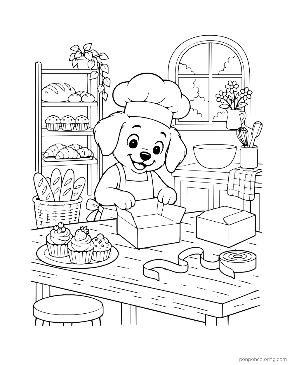 A puppy baker folds a small pastry box beside a finished box and ribbon.