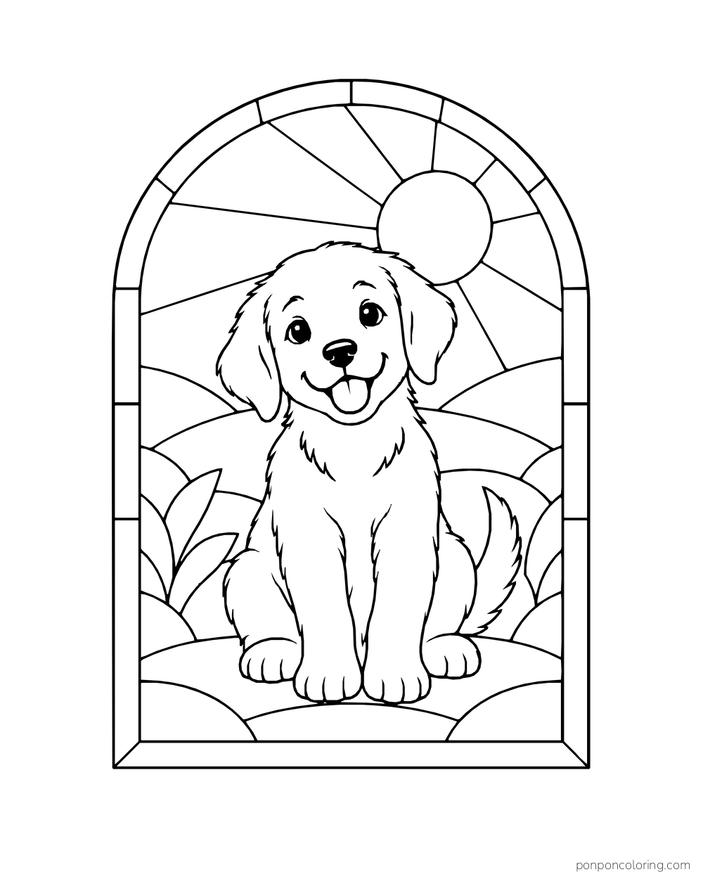 A puppy sits inside an arched window made of broad stained-glass panes and a round sun.