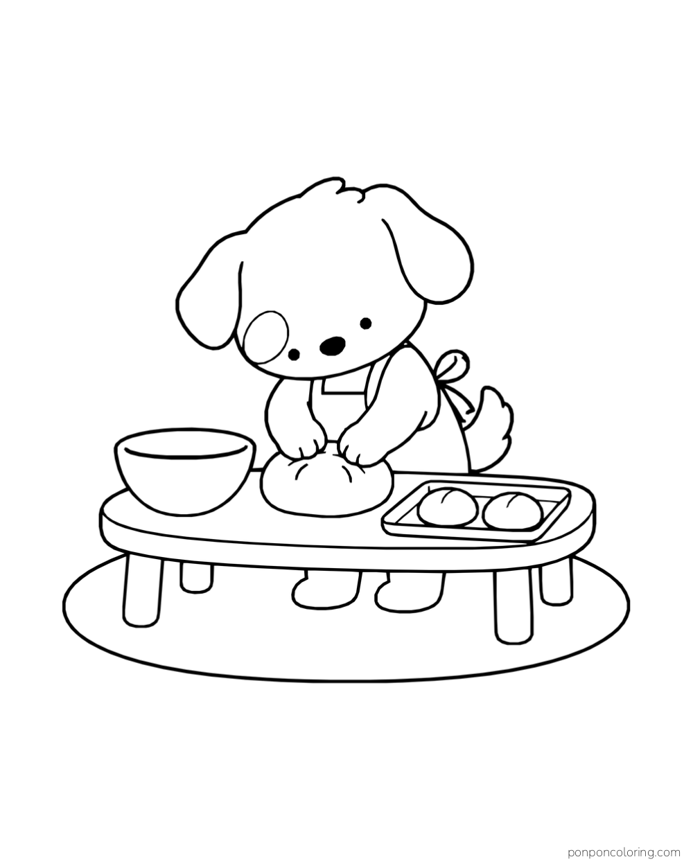 A puppy in an apron kneading dough at a low table with a mixing bowl and a tray of two buns.