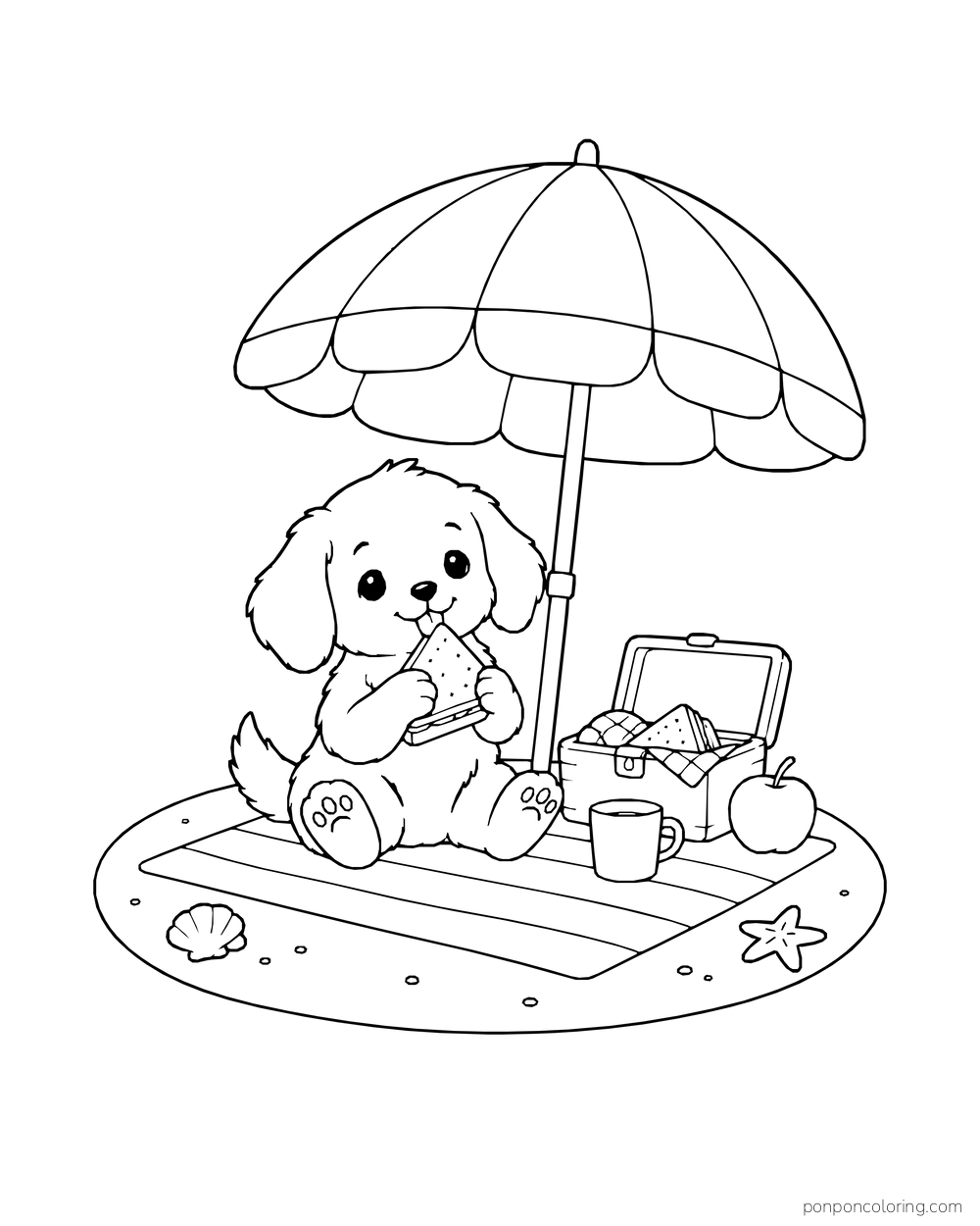 A puppy holding a sandwich under a beach umbrella with a picnic box, apple, cup, shell, and starfish.