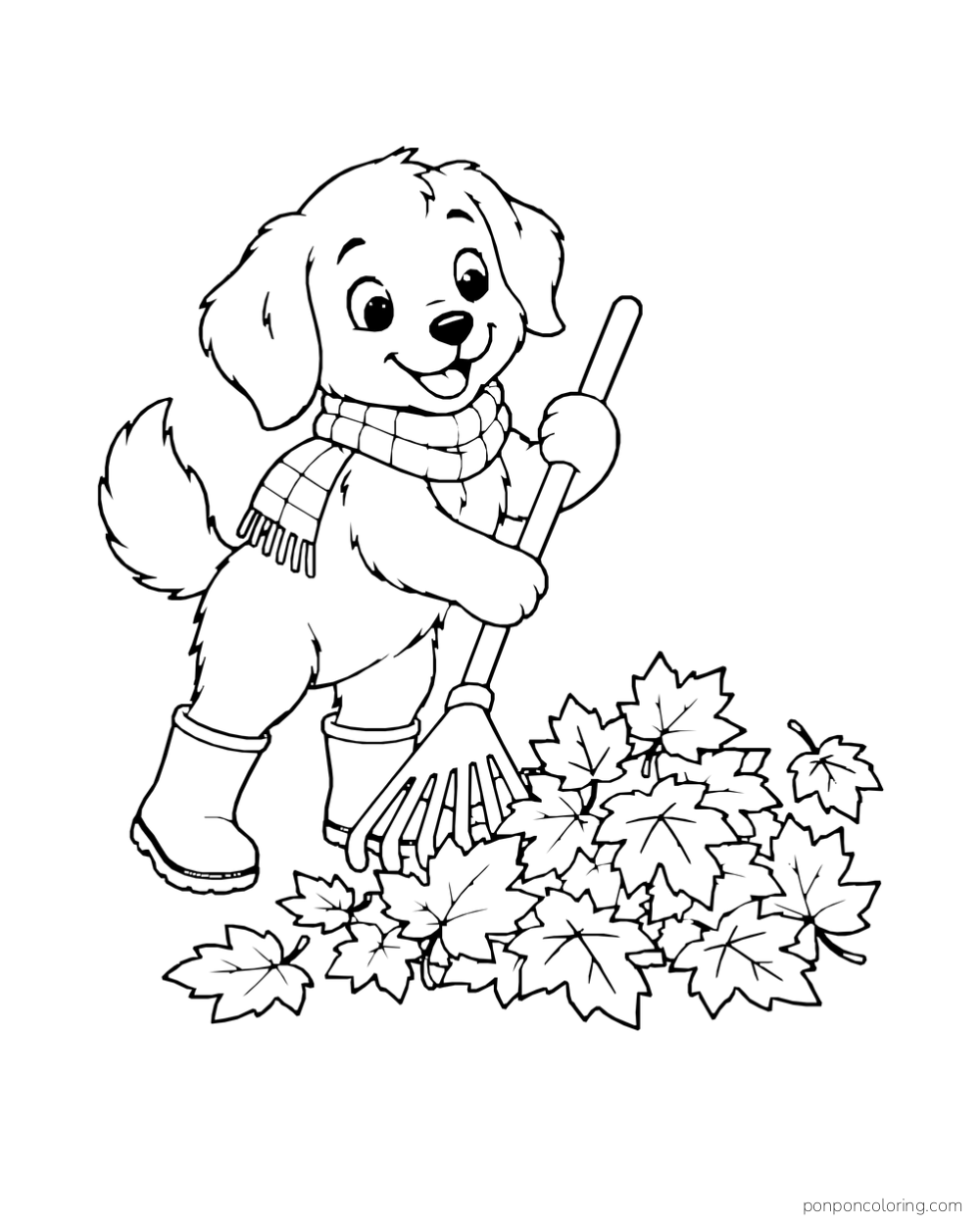 A puppy in boots and a scarf rakes a pile of broad autumn leaves.
